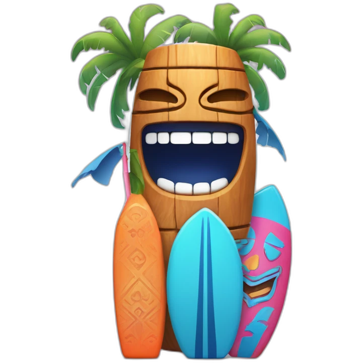 Blue and orange tiki smiling with surfboard and Blue and pink tiki singing with mikrophone emoji