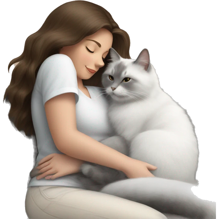 Fluffy white and gray cat sitting on brunette lady’s nap lovingly emoji