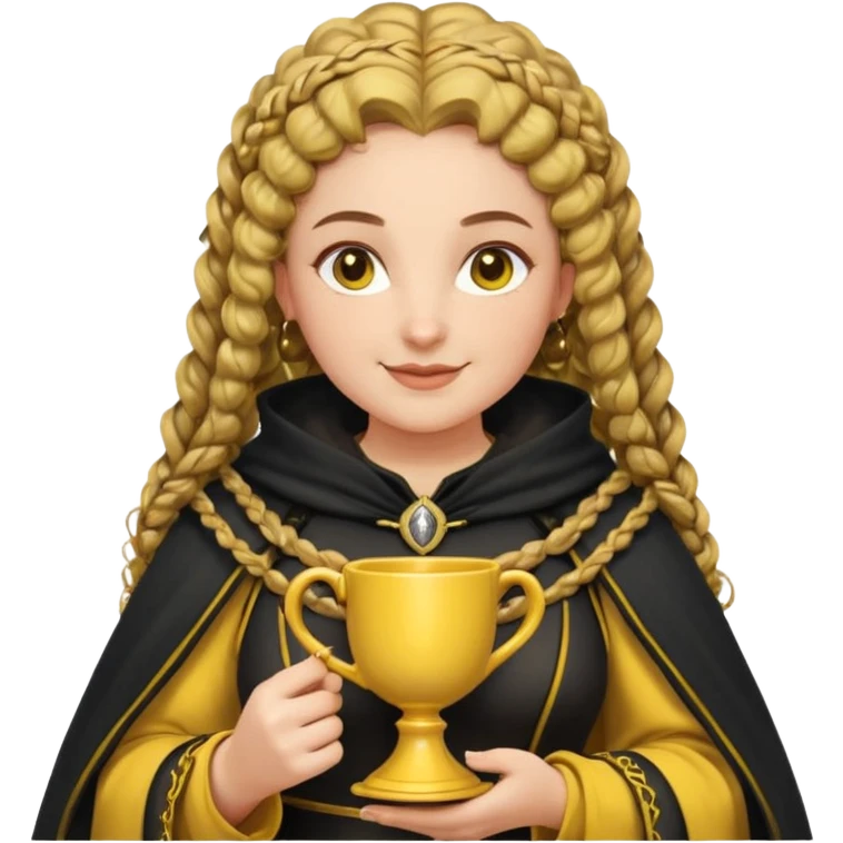Helga Hufflepuff, 2 curly thick brown braids, yellow-black medieval dress, black cloak decorated with gold braiding, tiny two-handled shiny yellow-gold cup, very kind smile, curvy busty sweet woman, thick rosy cheeks emoji