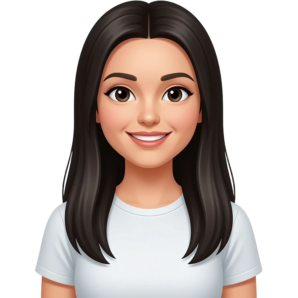 white happy woman with long straight black hair in tishirt emoji