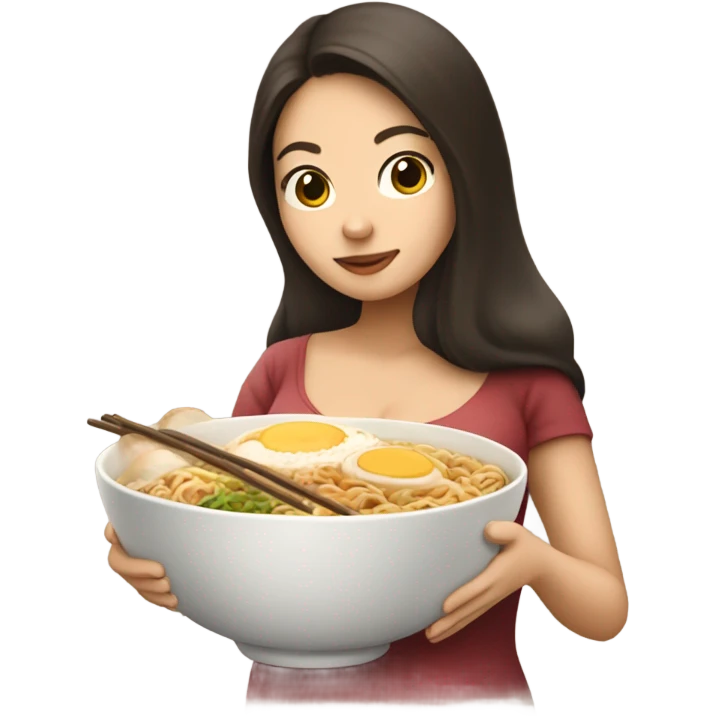 Brunette pregnant lady with big belly eating ramen  emoji