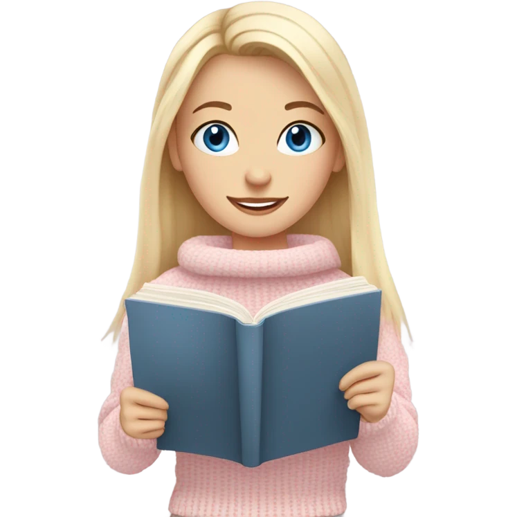 Pretty blue eyed white girl with light pink sweater reading cozy emoji