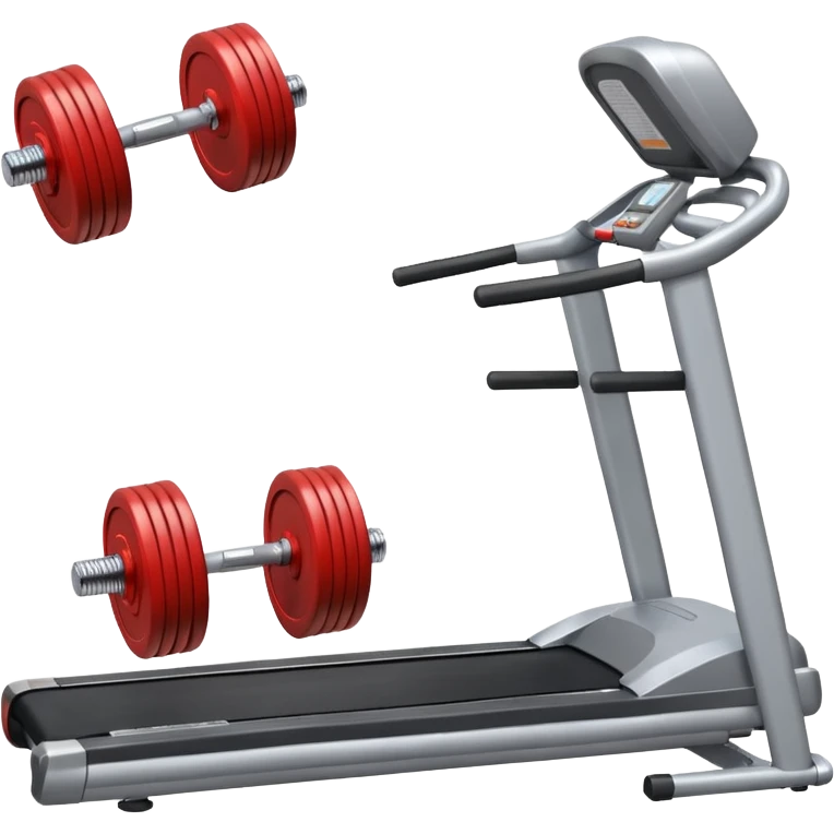 Two heavy dumbbells side by side in front of a treadmill emoji