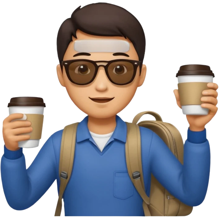 An asian man wearing sunglasses and carrying a backpack, holding a cup of coffee and waving his hand (in greeting) emoji