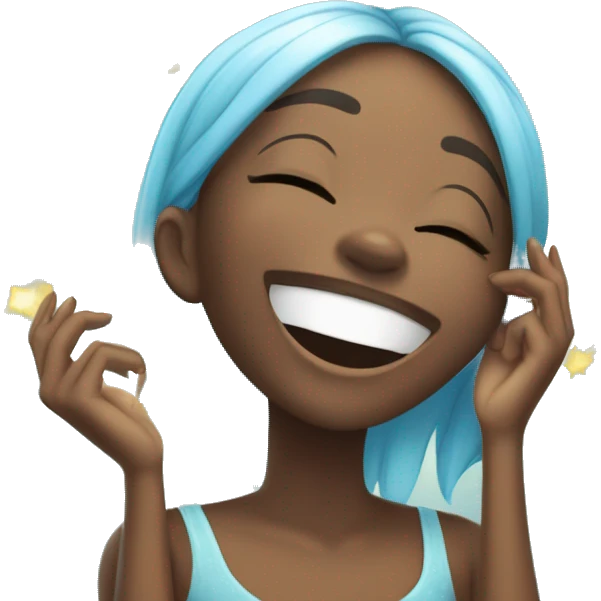 A cute, cheerful black girl laughing, covering her mouth and eyes closed in joy, surrounded by light blue sparkles emoji