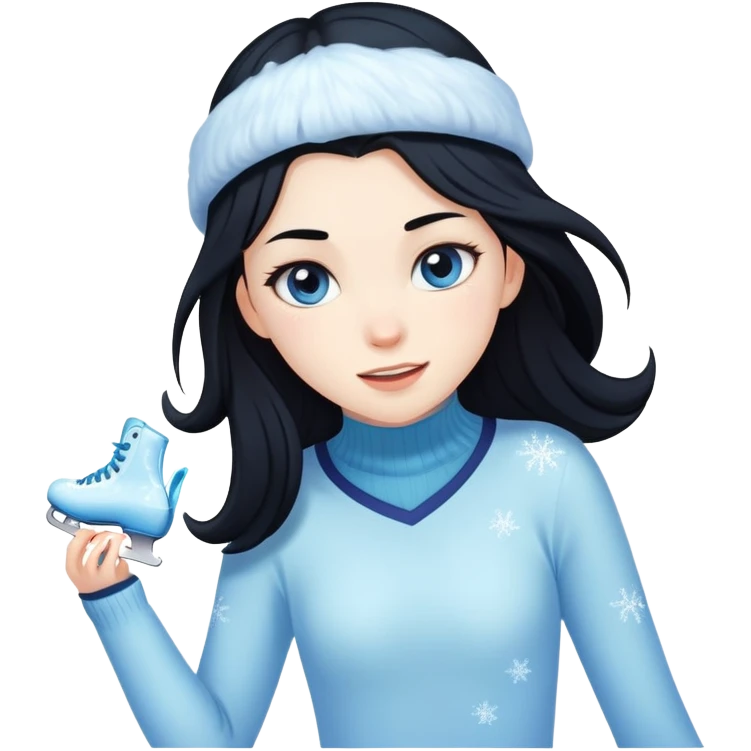 pale girl with long black hair ice skating emoji