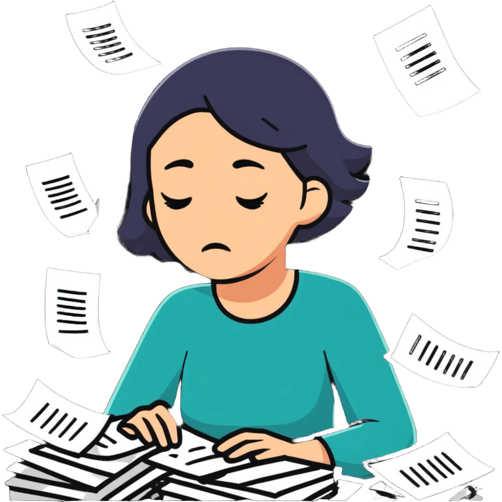 sad woman with flying papers around her emoji