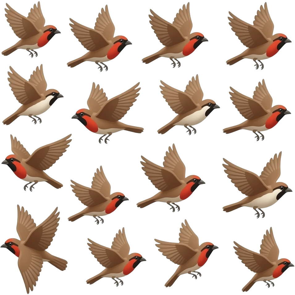 A 2D render iPhone emoji icon of a detailed Brown and red color 3D Render iPhone emoji png of a flock of brown and red color songbirds flying in the air emoji