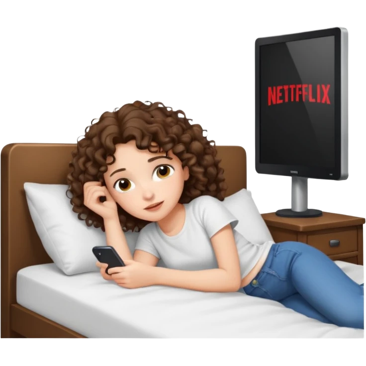 A girl, brunette with curly hair down to her shoulders, watching TV. Have her lie down on the bed, and put on Netflix on the TV. She walks by with her back to the camera, looking at the TV. emoji