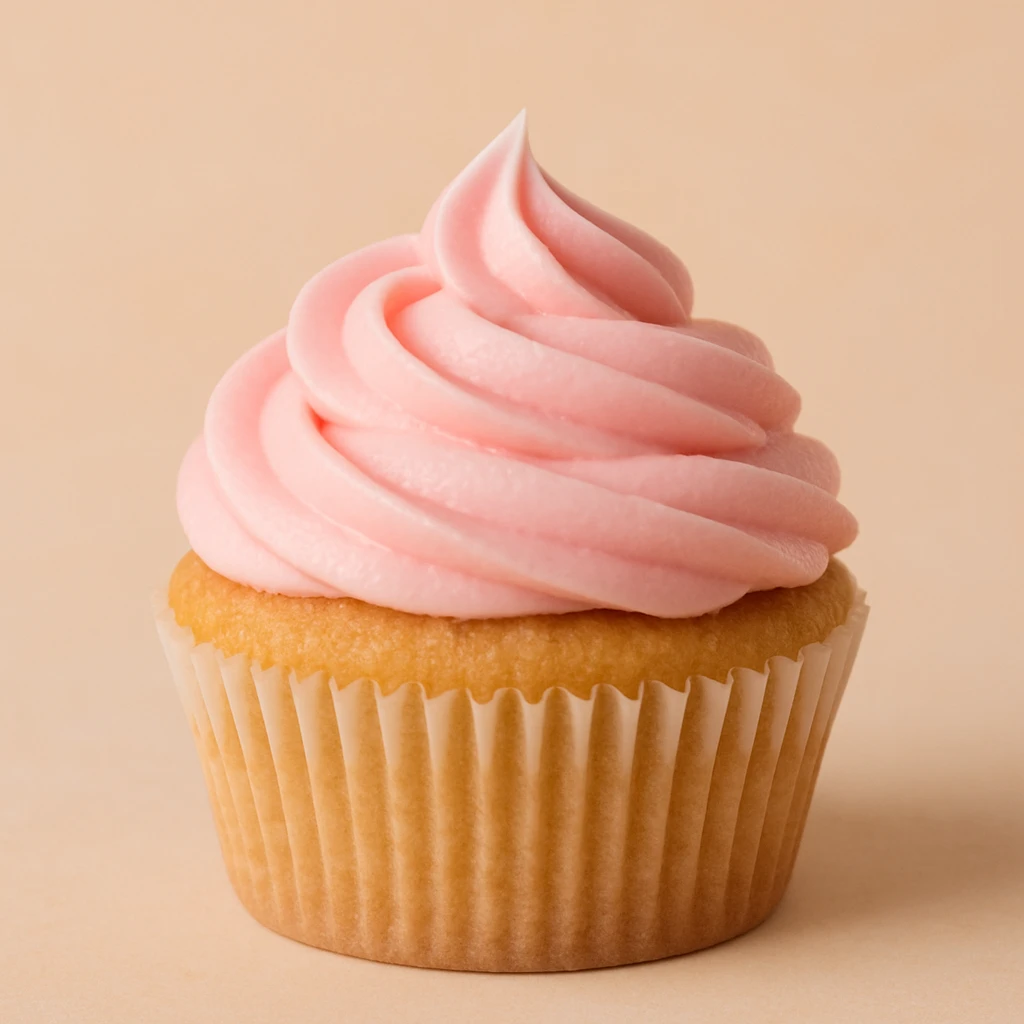 cupcake with pink icing, clean and appealing, focus on the cupcake and frosting, simple background, no text emoji