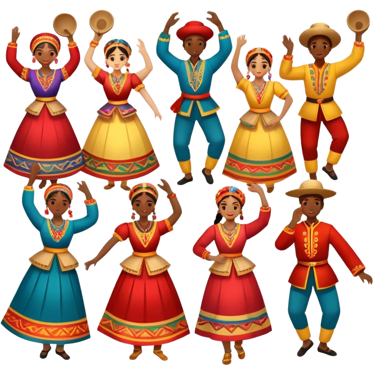 Icon for Folk Dance: a group of men and women 4-5 persons in vibrant national costumes, performing a traditional dance. Some dancers hold castanets and tambourines, capturing the energy and cultural heritage of folk dance. Transparent background. emoji