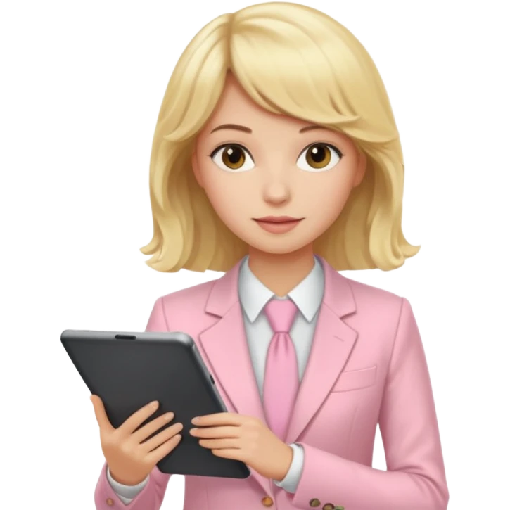Longe blonde wavy hair lady with a strait fringe and a light pink suit working in a tablet emoji