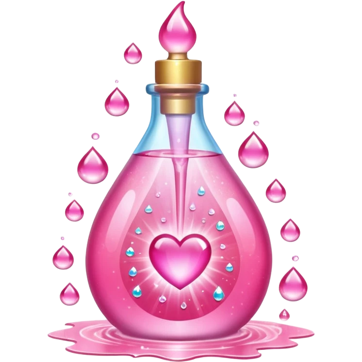 Pink teardrop-shaped glass bottle with rounded pump, glowing with iridescent light. Surrounded by sparkling dew drops, soft heart-shaped flares, and floating. Emits a radiant pink aura that glows like sunrise on skin. Feels like a glamour spell bottled into a juicy, glossy emoji flask. emoji