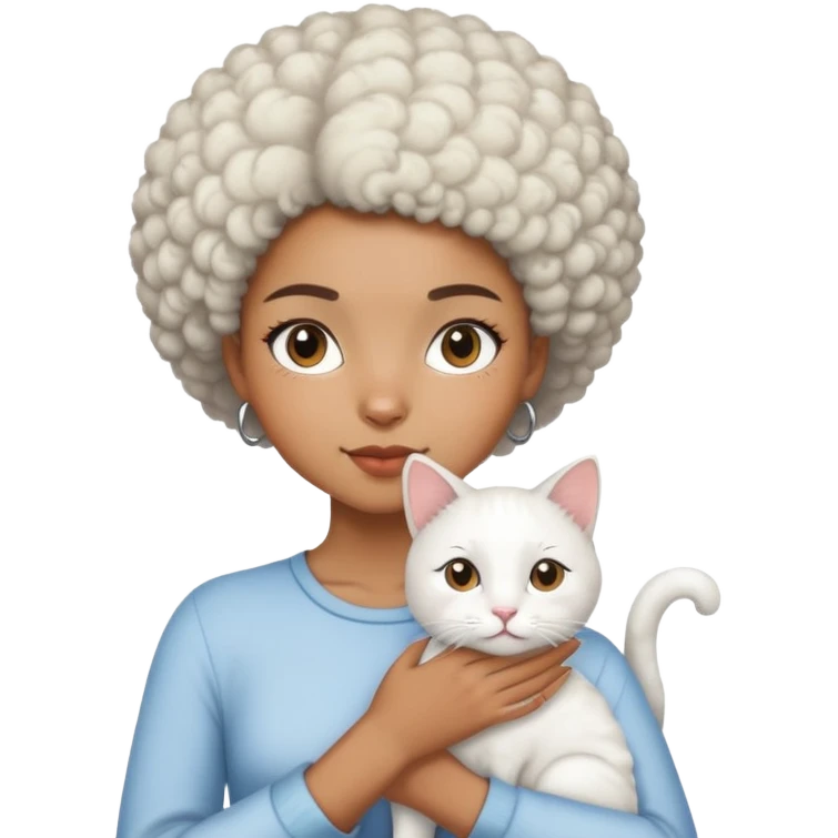 a mixed-race girl with a short afro carrying an all-white cat. emoji