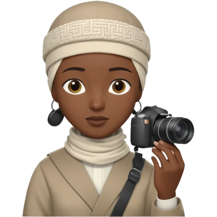Black Muslim photographer, dark skin tone, dressed in a modest modern outfit, kufi cap, holding a DSLR camera (Canon/Nikon), focused expression, outdoor photoshoot setting, clean depth of field, highly realistic, detailed portrait, 4K. emoji