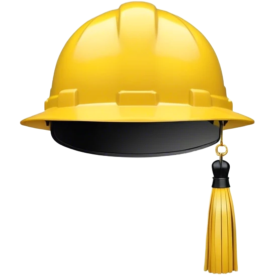 A bright yellow hard hat, viewed from the front, with a small black tassel hanging from the center, combining the look of a construction helmet with a graduation cap. The helmet has visible ridges for reinforcement, a slightly glossy finish, and a sturdy design. The tassel drapes down slightly to the right, adding a formal academic touch. The background is plain white. emoji