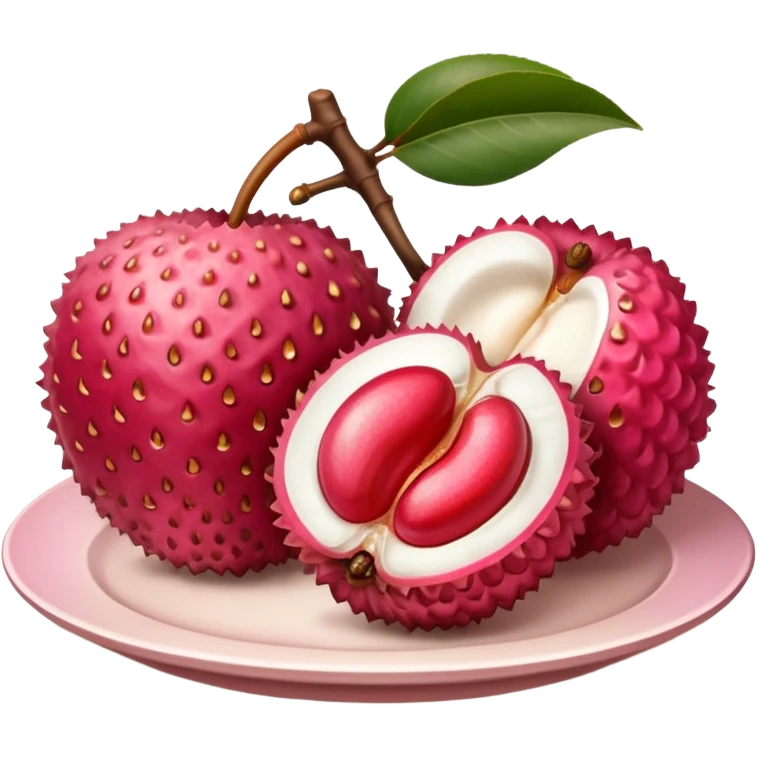 one whole lychee with rough, bumpy pink-red skin and a second one peeled open to show glossy white flesh and smooth brown seed inside, juicy translucent texture, soft lighting, subtle shadows, subtle highlights, no leaves, plate, or extras, apple emoji style, emoji scale emoji