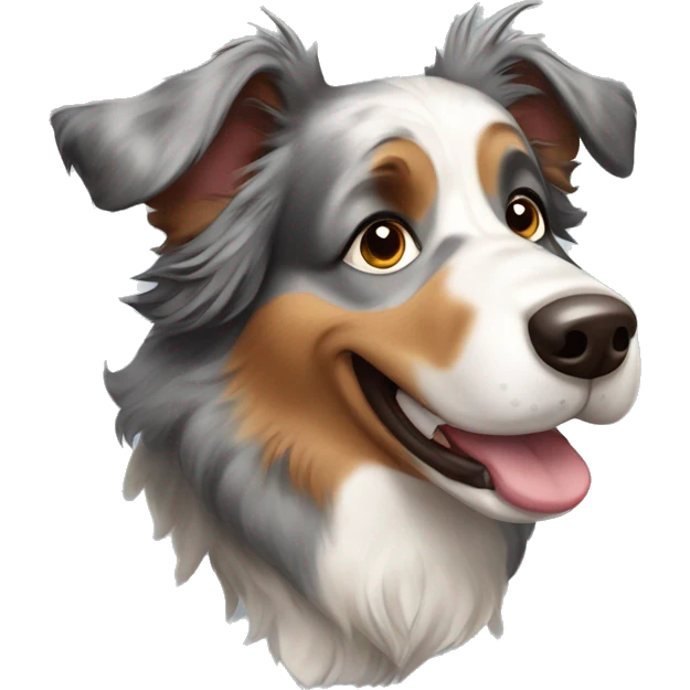 very old australian shepherd with ears pointing upwards, walking slowly emoji