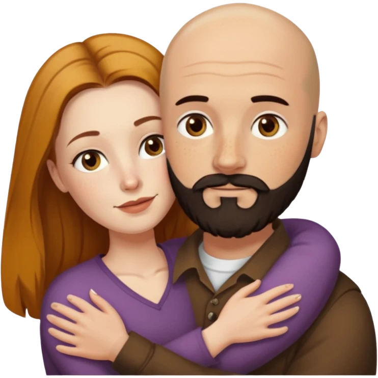 Couple. Bald man with dark brown-black beard. White woman with many small, faded freckles, she has white skin and she has auburn-yellow-brown-cinnamon, dark long hair. She has light brown eyes. The man have hazel eyes. Retro style. They hug. emoji