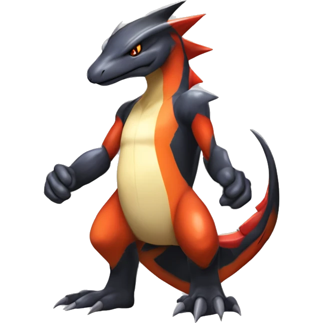Black, Red, Orange, Beige, Modern, Cool, Edgy, Badass Punk-style Garchomp-Charmeleon-Sergal Fakémon-Digimon with sharp edgy striking detailed stripe-markings,  full body emoji
