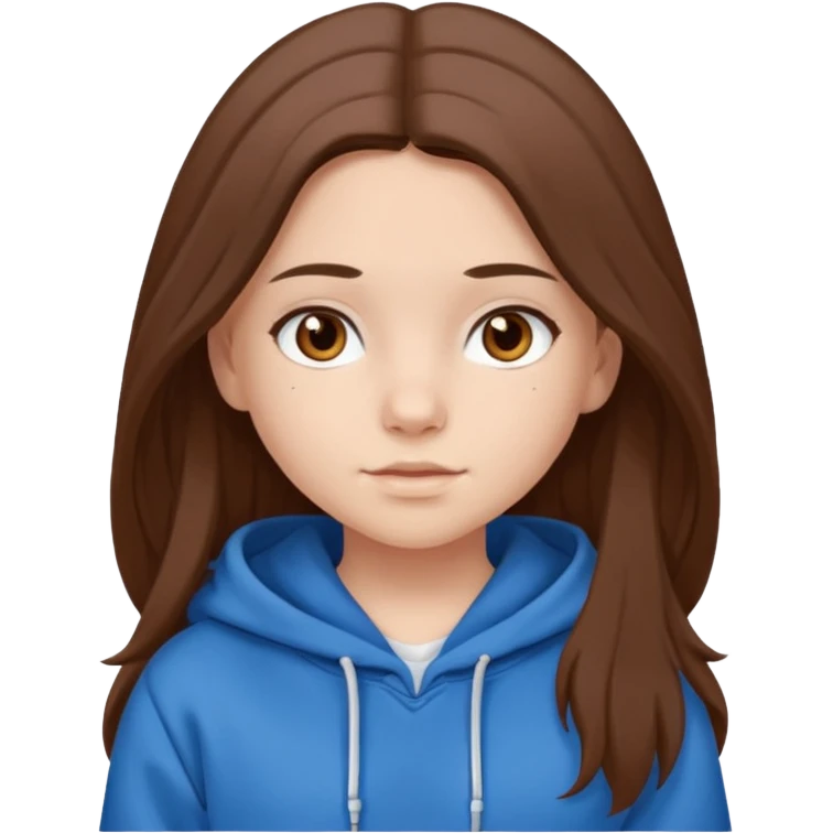 teen girl, white skin, long brown hair middle parted, brown eyes, blue hoodie emoji