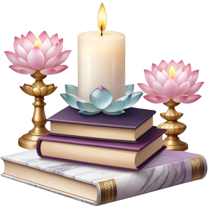 Aesthetic candles, flower petals, books, marble stand, crystal stones, lotus, feathers, zen, decoration, meditation,  emoji