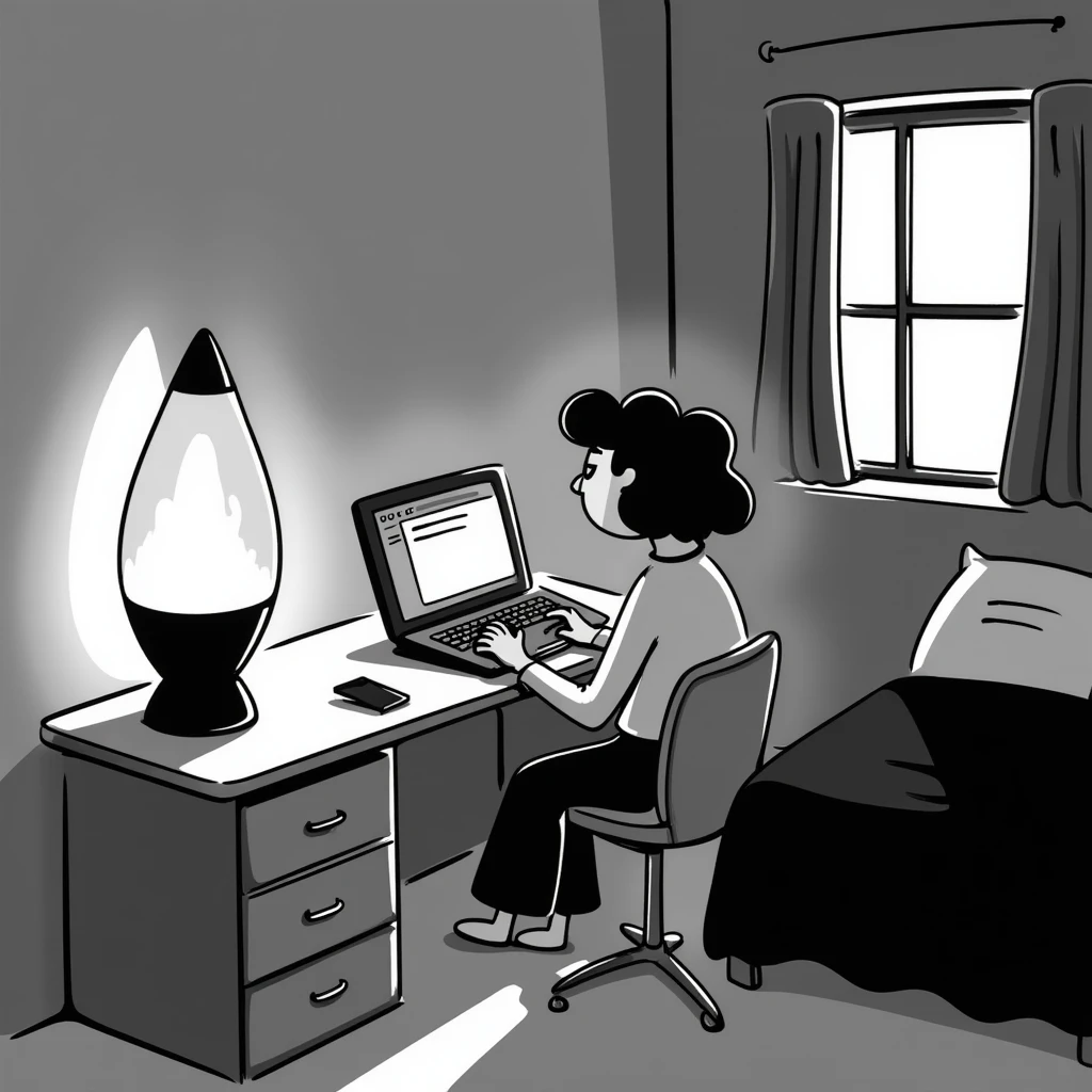 A bedroom lit by a lava lamp and an open laptop running early 2000s MSN Messenger

 emoji