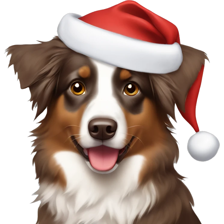 brown australian shepherd wearing santa hat emoji