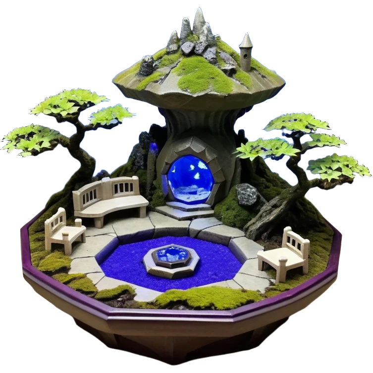 Alien saucer-castle jungle winding trail mountainside getaway haunted nighttime hobbit landscape antique mudman very old broken cracked intricate Stone Age lapis-crusted irregular dodecagon-shaped shallow dark moss rough bark violet flowered maple bonsai Saikei coffee table diorama emoji