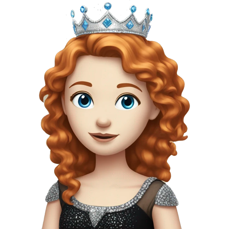 Beautiful girl with redhair, pale skin and bright blue eyes. She wears a sparkly black dress and a silver crown  emoji