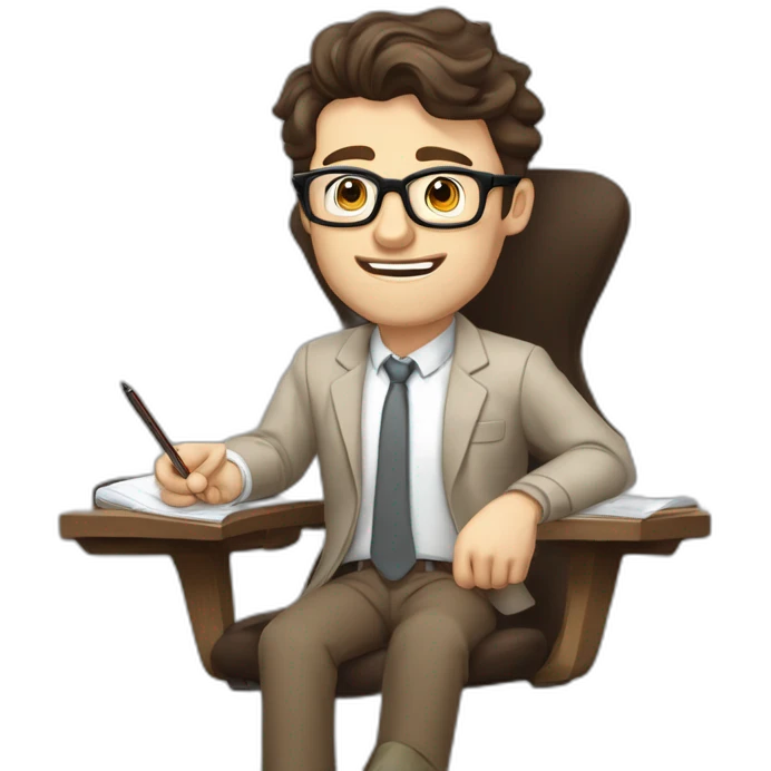 Pale skinned Fit Man With dark brown hair in gray jacket, beige office shirt, Brown pants and vintage glasses In the joke cap sitting In a soft chair with a notebook and a pen  emoji