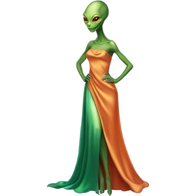 reptilian green alien woman, in long slim pastel orange formal party satin dress with gradient shiny sparkling dark red, full figure, full body emoji