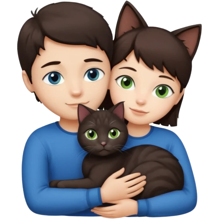 Crea un emoji donde salga un chico de pelo moreno con los ojos claros, una chica de pelo morena con los ojos marrones y UN gato europeo comun de pelaje oscuro y ojos verde claro, quiero que se esten abrazando el chico y la chica, y el gato este en el medio de los dos emoji