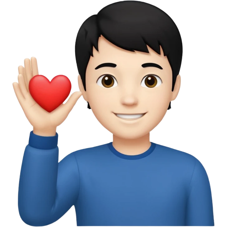 White boy with black hair holding up heart hand signal emoji