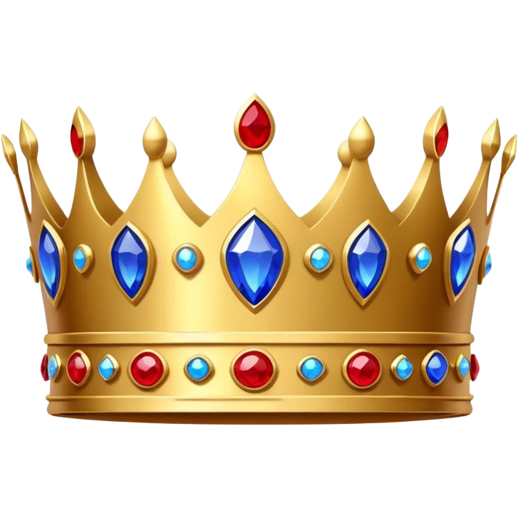 An emoji of a royal crown. A golden crown decorated with red and blue jewels, shiny and elegant, with a classic regal design symbolizing royalty, power, and leadership emoji