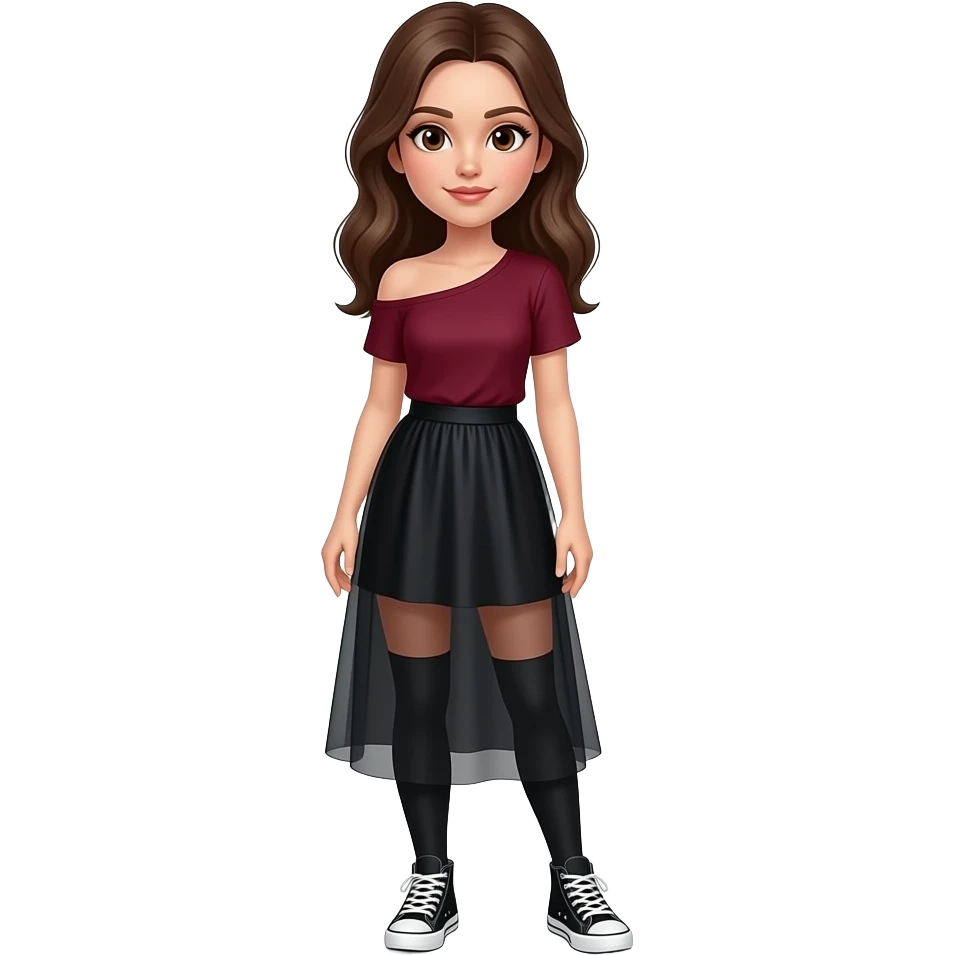 a girl with brown hair and brown eyes, wearing make-up in a flowing black skirt and a burgundy t-shirt that falls over one shoulder and socks over knee-high white and black sneakers poses emoji