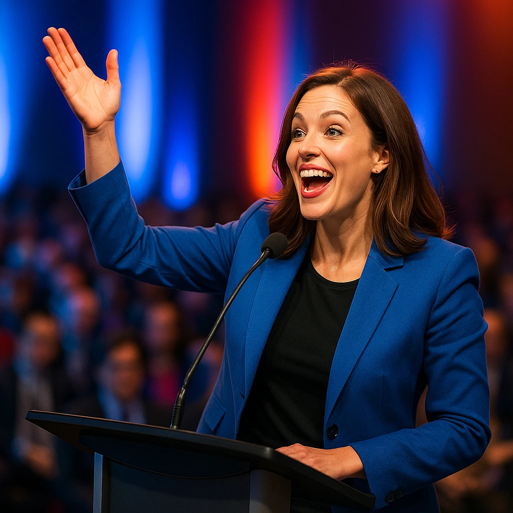a female speaker at an event standing at a podium, energetic expression, gesturing with one hand, audience blurred in background emoji