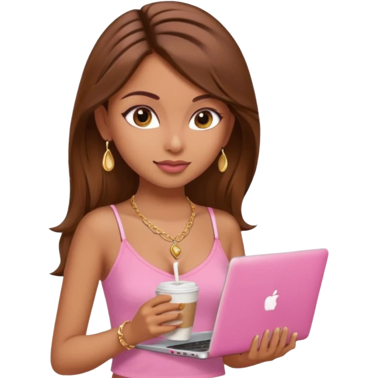 a pretty fair indian bratz girl with brown hair. with a pink cami top, drinking takeaway brown coffee, golden dainty necklace and carrying a white laptop emoji