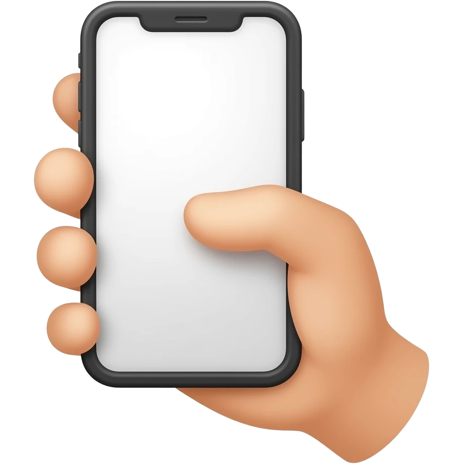 Emoji-style hand holding a smartphone vertically, blank white screen, minimalist, soft shading, no background. emoji
