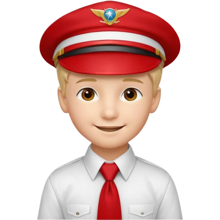 A Soviet pioneer emoji — smiling young boy wearing a white shirt with a bright red pioneer necktie and a classic red pilotka cap. not a cowboy hat. Flat, smooth 3D shading emoji