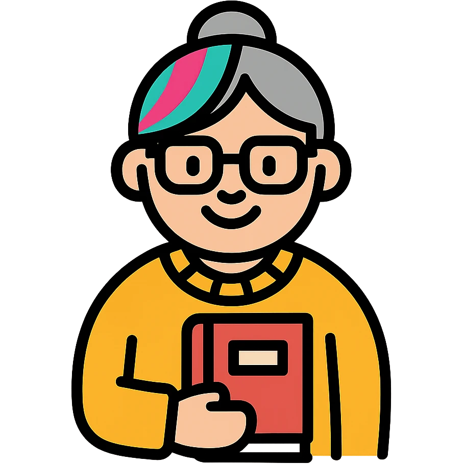 Gen Z style librarian granny with colorful hair streaks, trendy glasses, oversized sweater, holding a book, color outline icon emoji