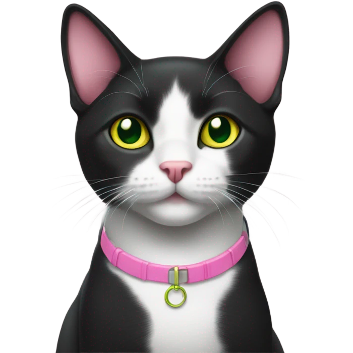 full body black shorthair cat with pink ears on the inside and eyes that are green around the pupil and yellow around the green collar emoji
