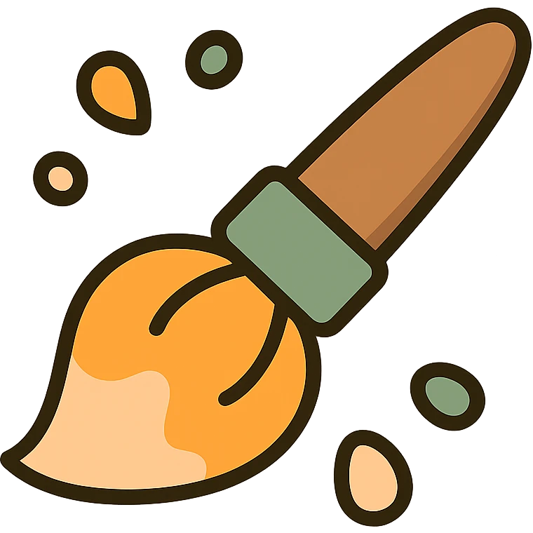 A cute and whimsical artist's paintbrush with a soft and cozy design, featuring a warm color palette: golden orange (FA9B41), deep forest green (4A7C5C), muted taupe brown (96775A), and pastel peach (FFCC9A). The brush has a delicate wooden handle in muted brown, with the bristles slightly fanned out, holding a touch of paint in shades of peach and orange. The tip of the brush is dipped in a soft golden hue, and tiny splashes of paint in the palette’s colors are gently scattered around. The overall mood is playful, artistic, and charming, evoking a sense of creativity and warmth. emoji