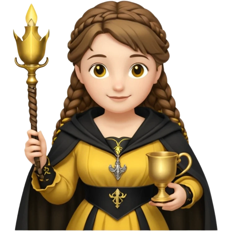 Helga Hufflepuff,the Hogwarts founder of Hufflepuff,brown-haired,2braids,yellow-black medieval dress with black cloak decorated with gold braiding,flickering magic wand and tiny two-handled shiny gold cup engraved with the badger silhouette,very kind smile,curvy busty sweet  emoji