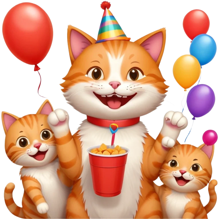 cat laughing with friends, surrounded by balloons and snacks, college party scene emoji