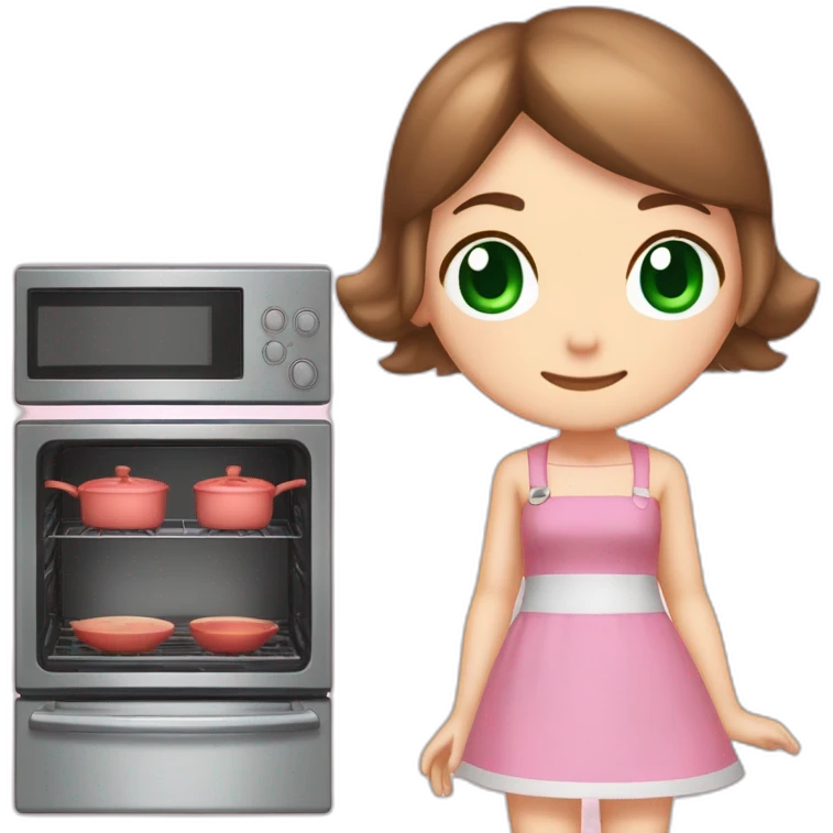 brown hair like dirty blonde girl with dark green eyes home cooker dress like cooking mama dress color pink nintendo ds like emoji
