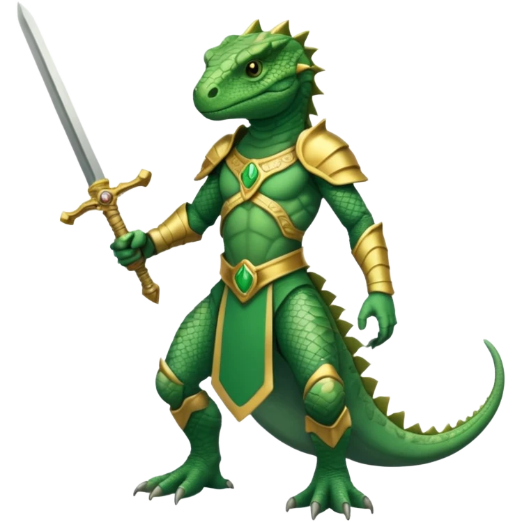 full body reptilian humanoid in ancient outfit holding a gold sword simple design emoji