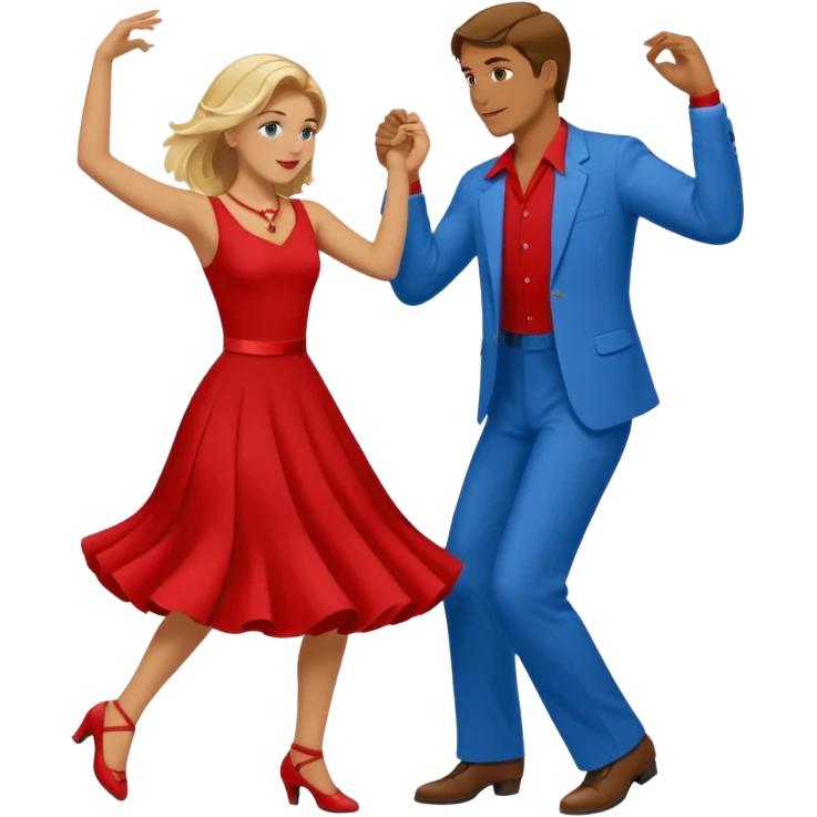 Two people. Man  wearing all red  with brown hair. Women iall blue with blond hair. Swing Dancing.  emoji