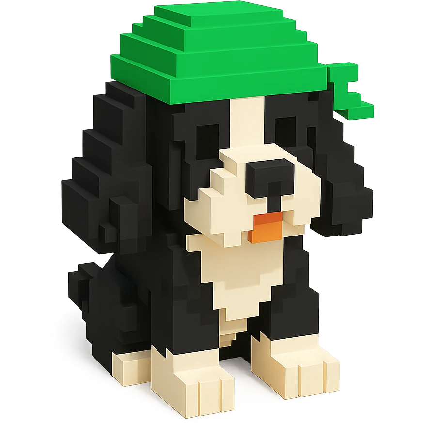 A black and white Russian Cocker Spaniel puppy wearing a green durag, voxel style, sitting emoji