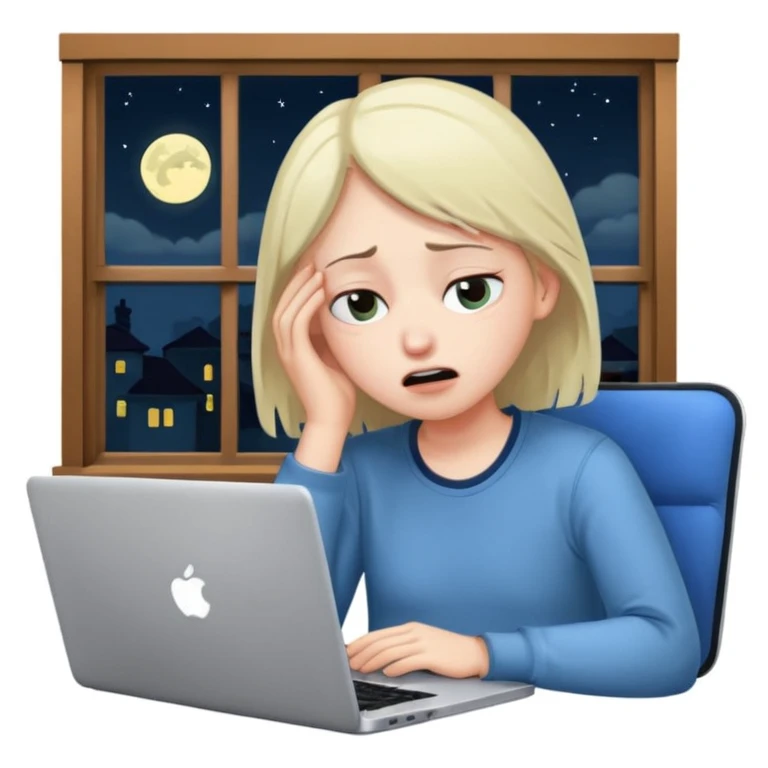 tired student with laptop, window at night behind, one eye open emoji